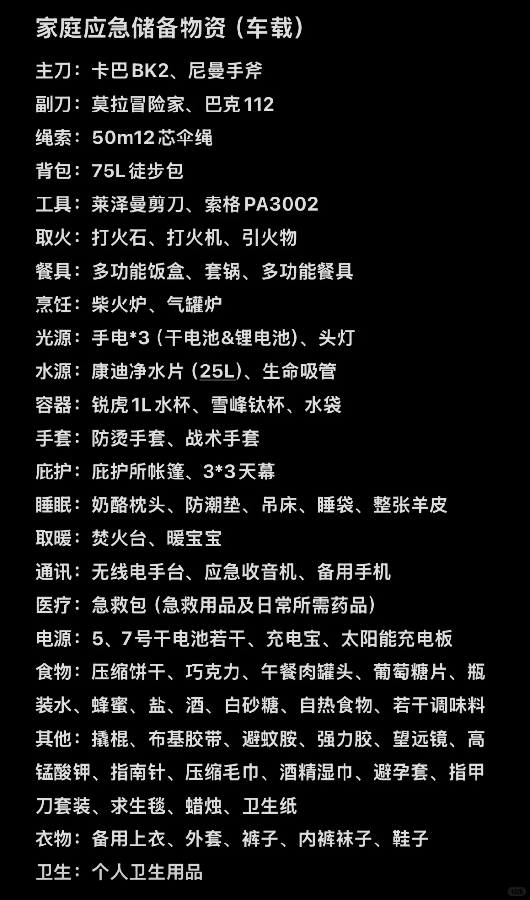 家庭应急储备物资（车载版）