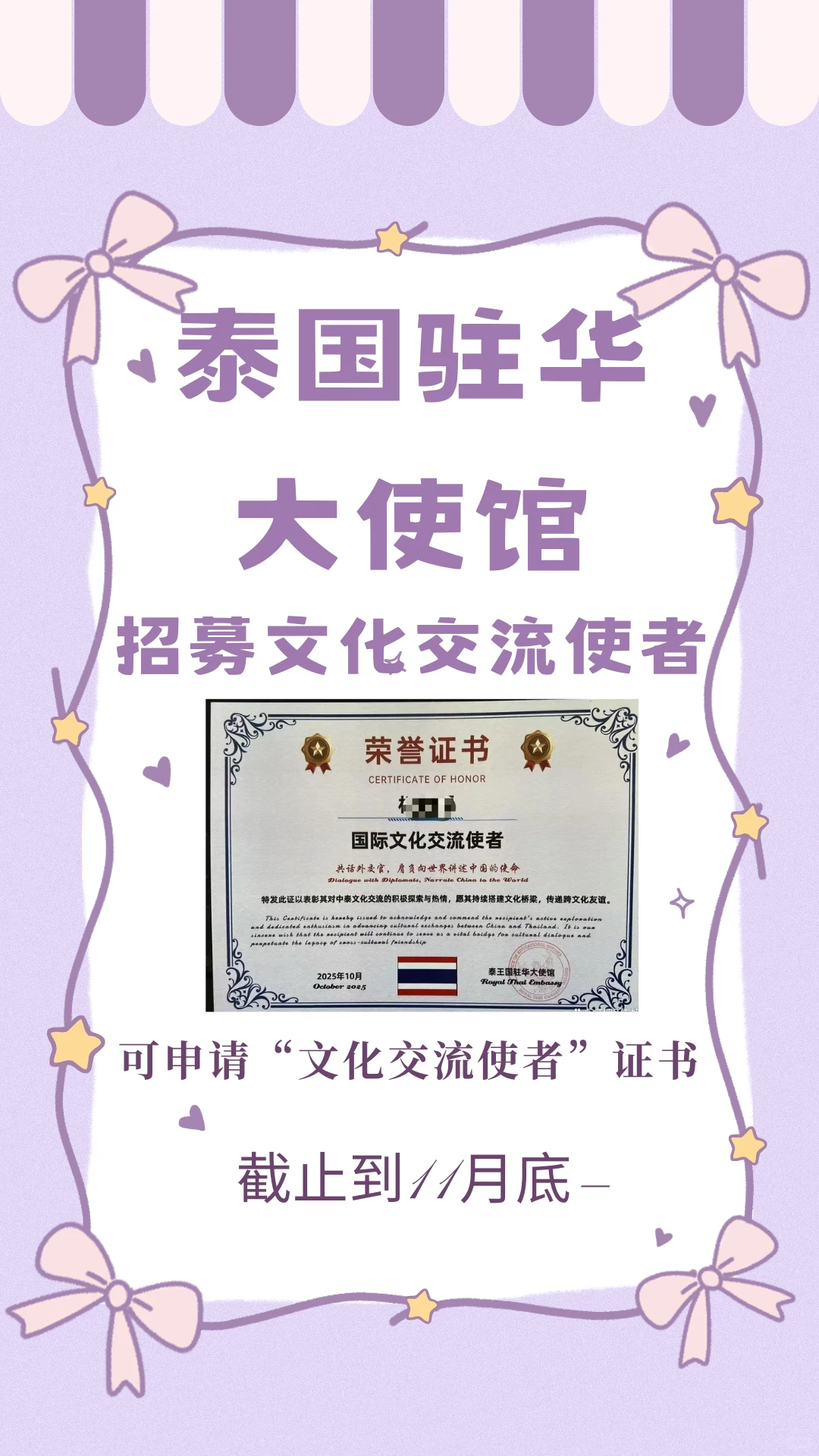 泰国大使馆文化交流使者、国际友人证书