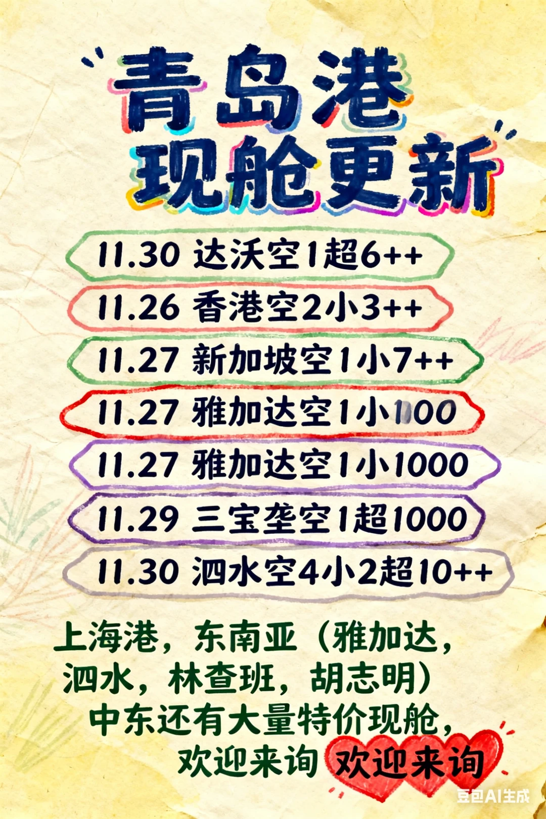 青岛港今日特价现舱