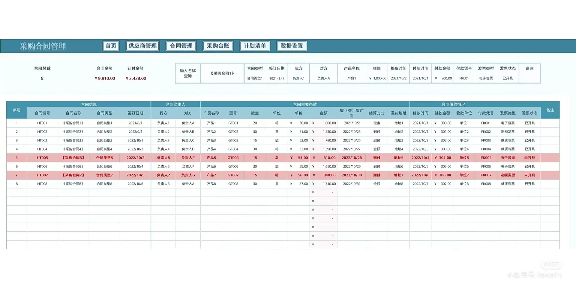 采购管理表格一Excel系统自动汇总