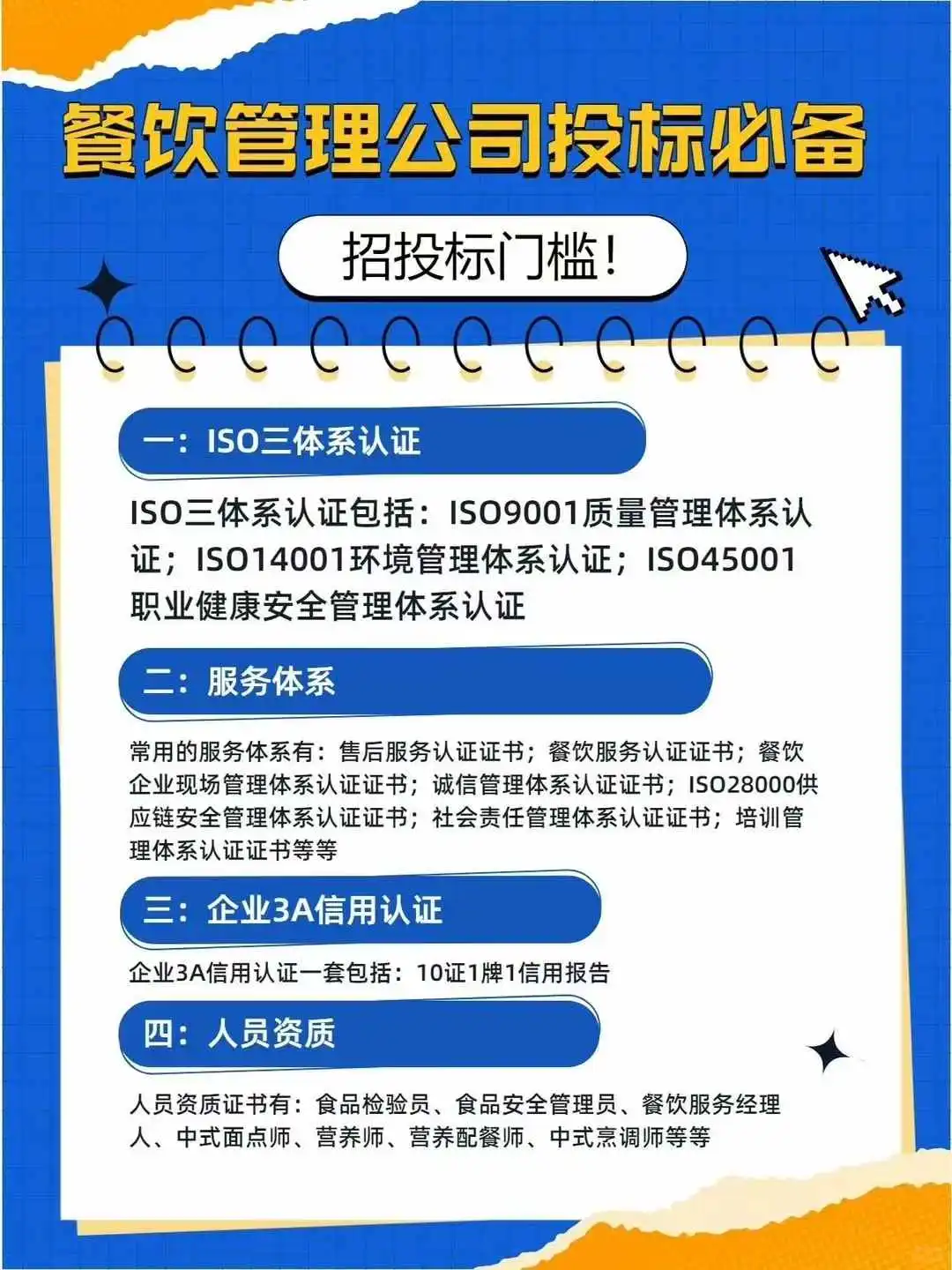 食品/餐饮业企业招投标中，都需要哪些证书