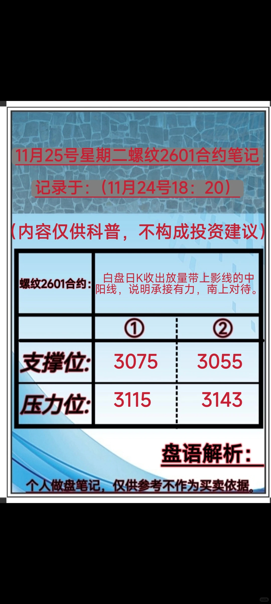 11月25号星期二螺纹2601合约笔记。