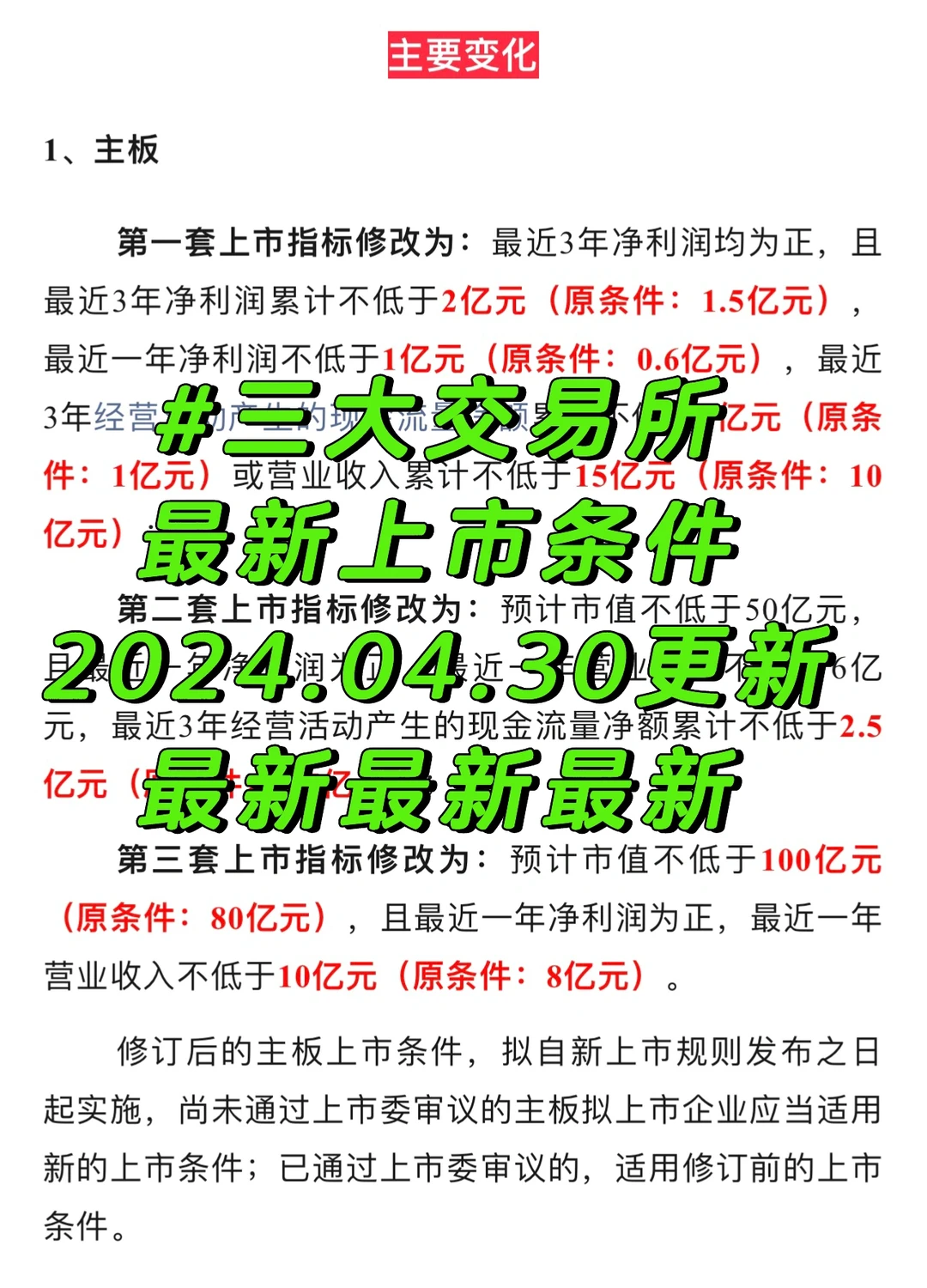 最新2024.04.30国内三大交易所上市要求