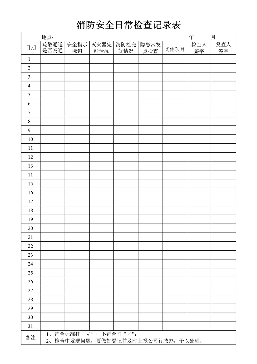 消防安全日常检查记录表模板