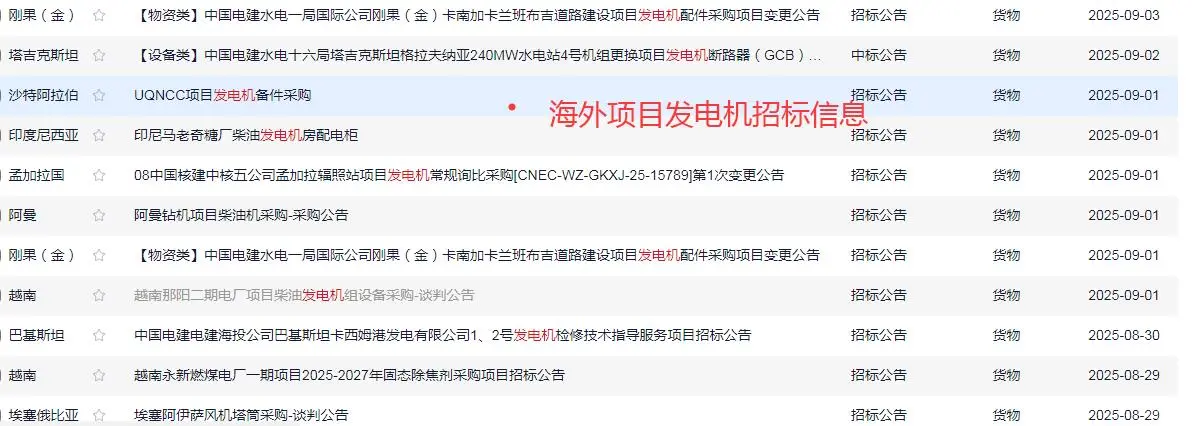 发电机海外项目招标信息