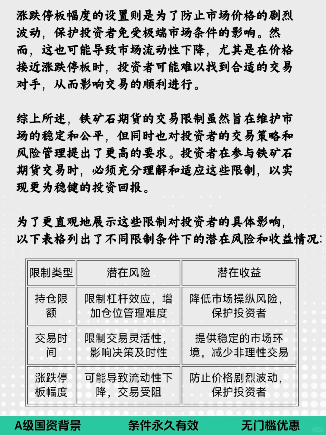 铁矿石→潜在风险和潜在收益→手续费保证金