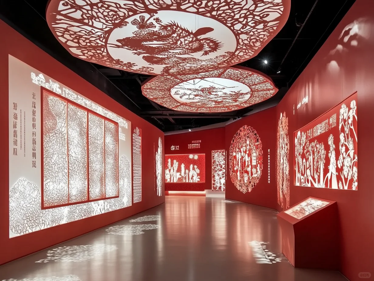 非遗展厅怎么设计?剪纸艺术展馆光影交错