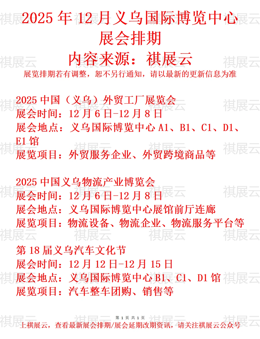 义乌国际博览中心2025年12月展会简讯