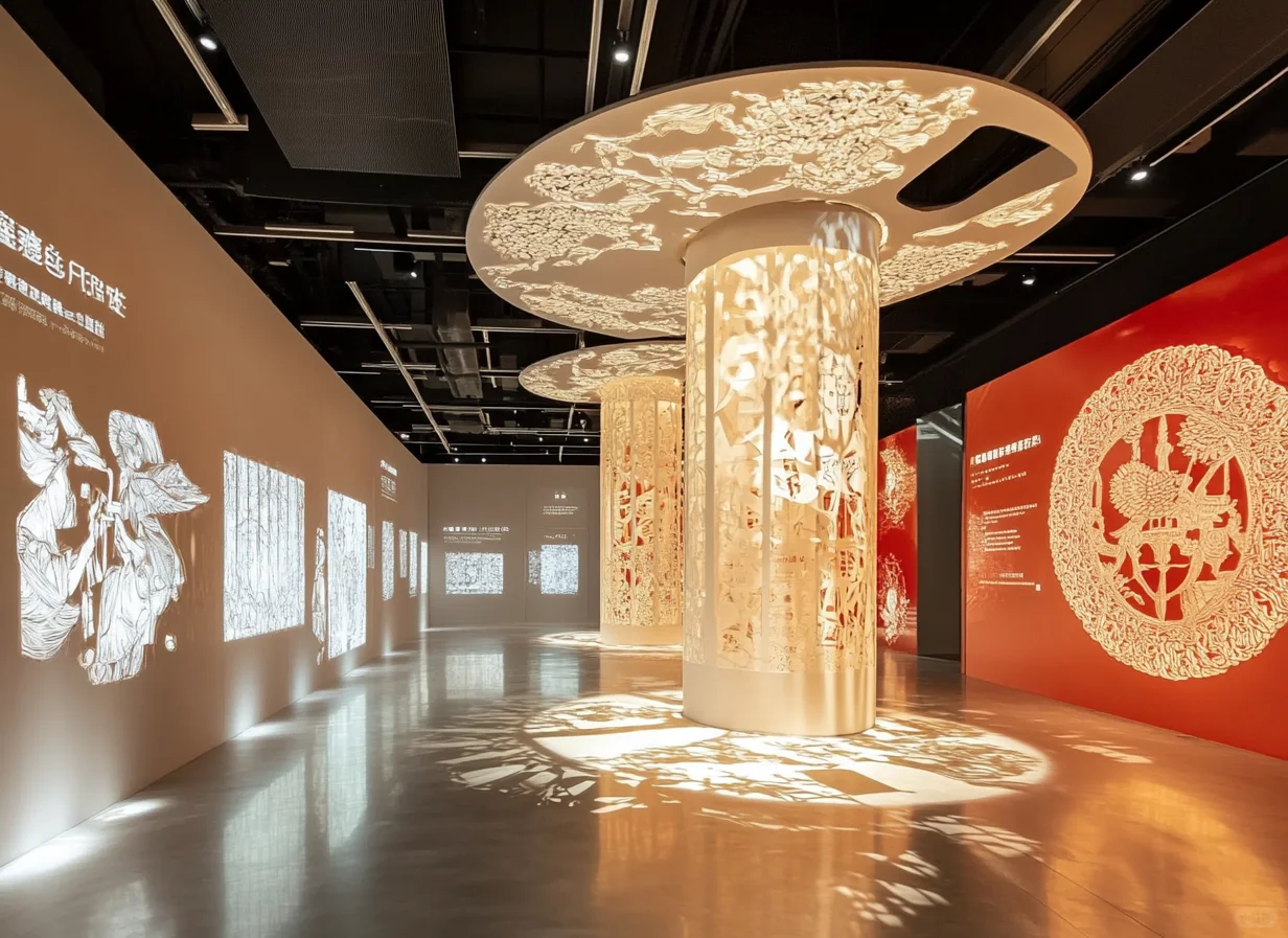 非遗展厅怎么设计?剪纸艺术展馆光影交错