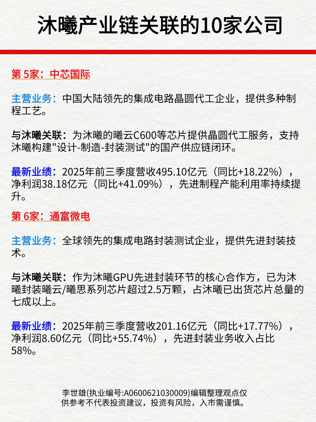 沐曦产业链关联的10家上市公司！