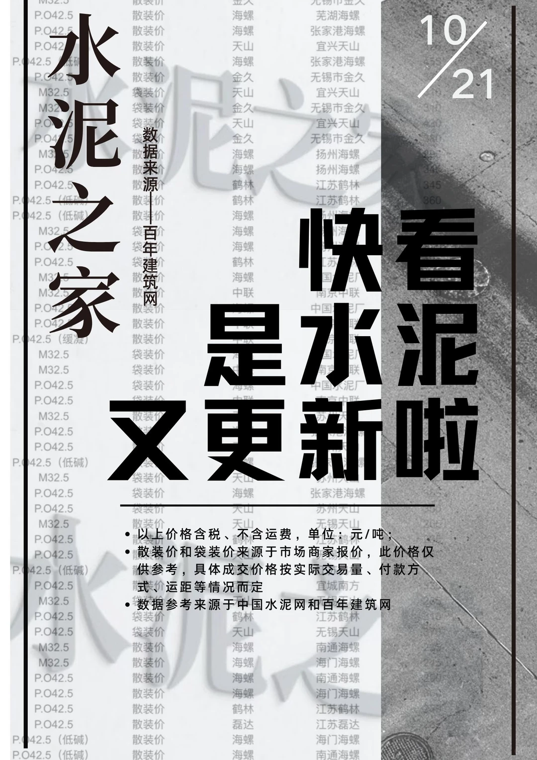 快看！水泥又更新啦！10.21日水泥价格！请查收