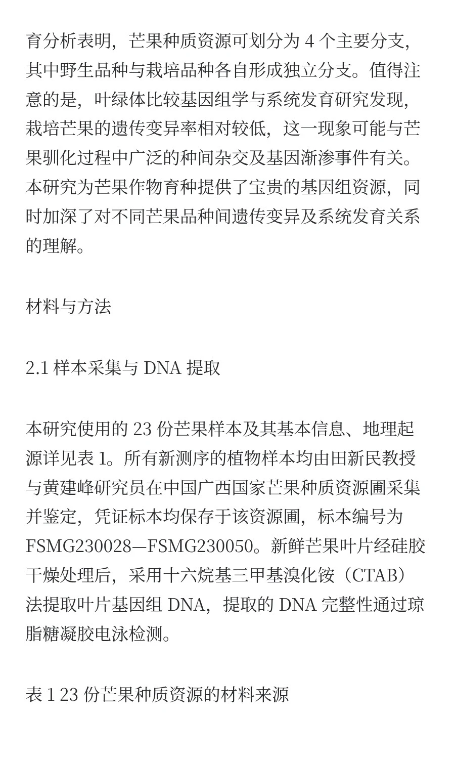 叶绿体基因组揭示芒果属较低的遗传变异率