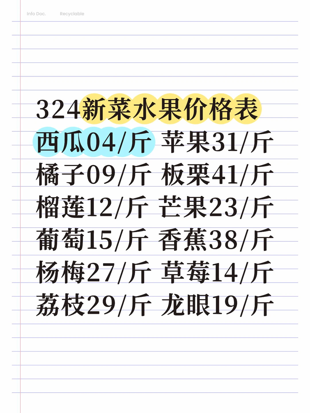 324新菜水果价格表