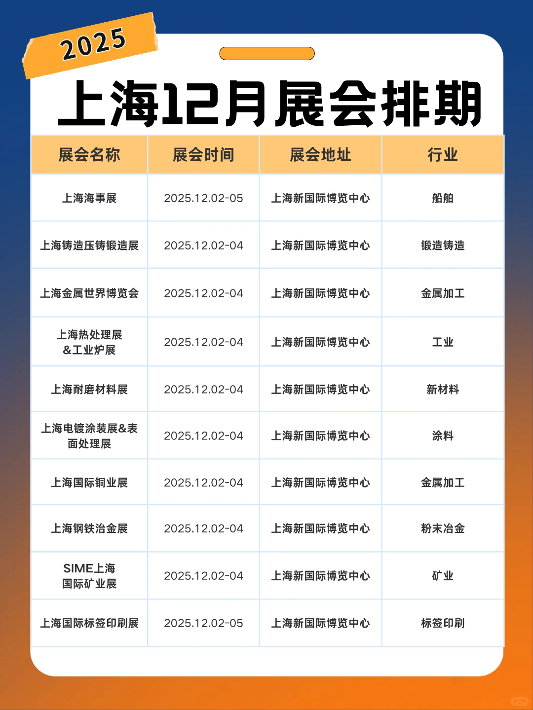 上海展会12月展会时间表+地址+门票