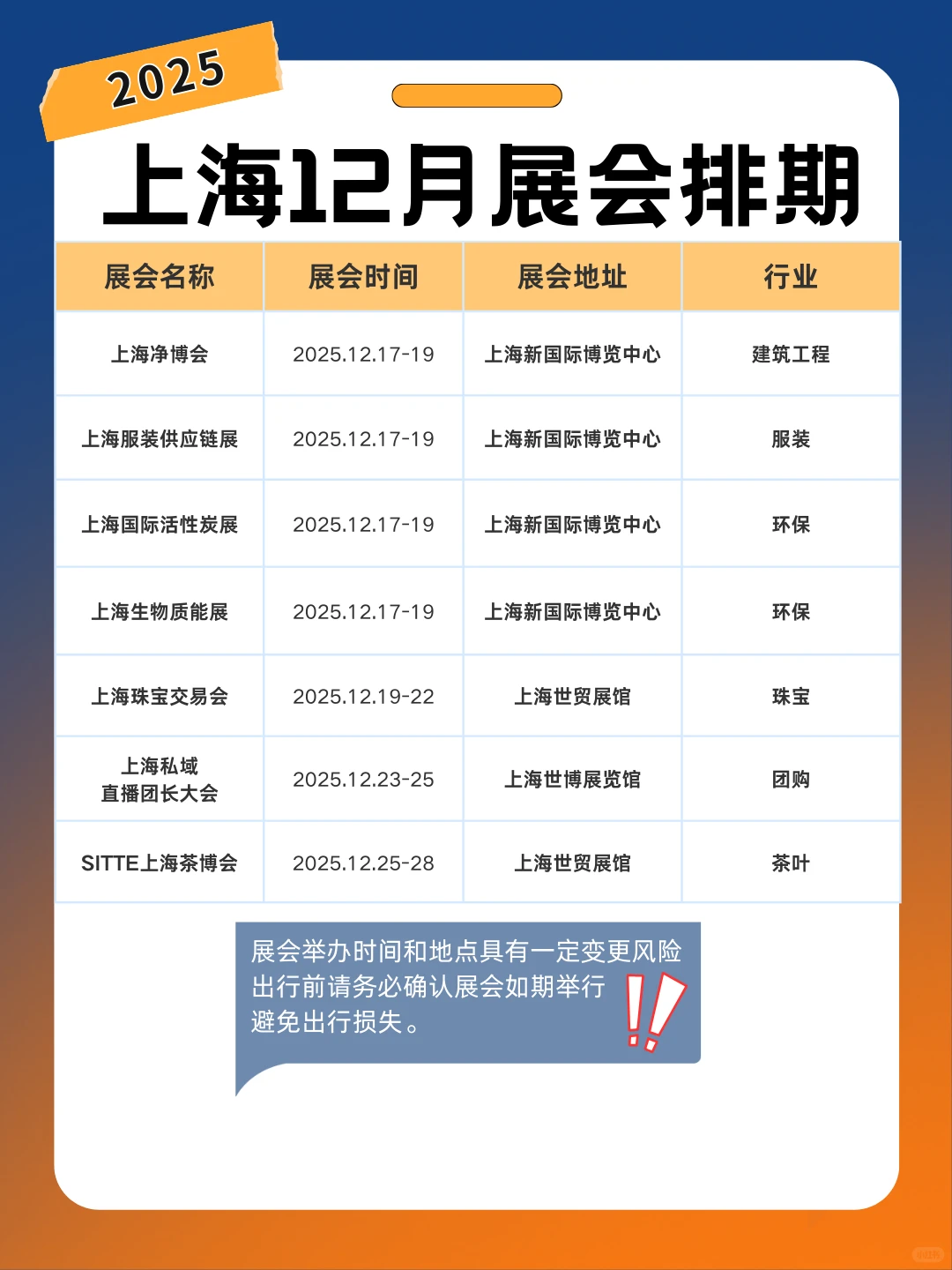 上海展会12月展会时间表+地址+门票