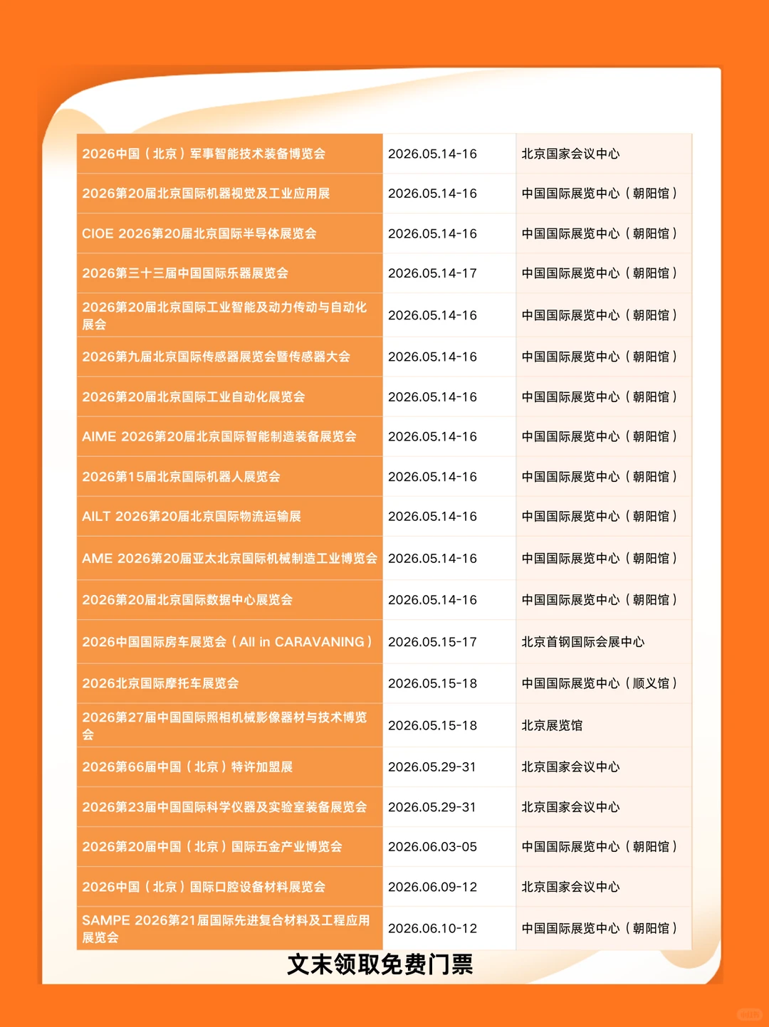 2026年北京展会排期表，附时间+地点+门票