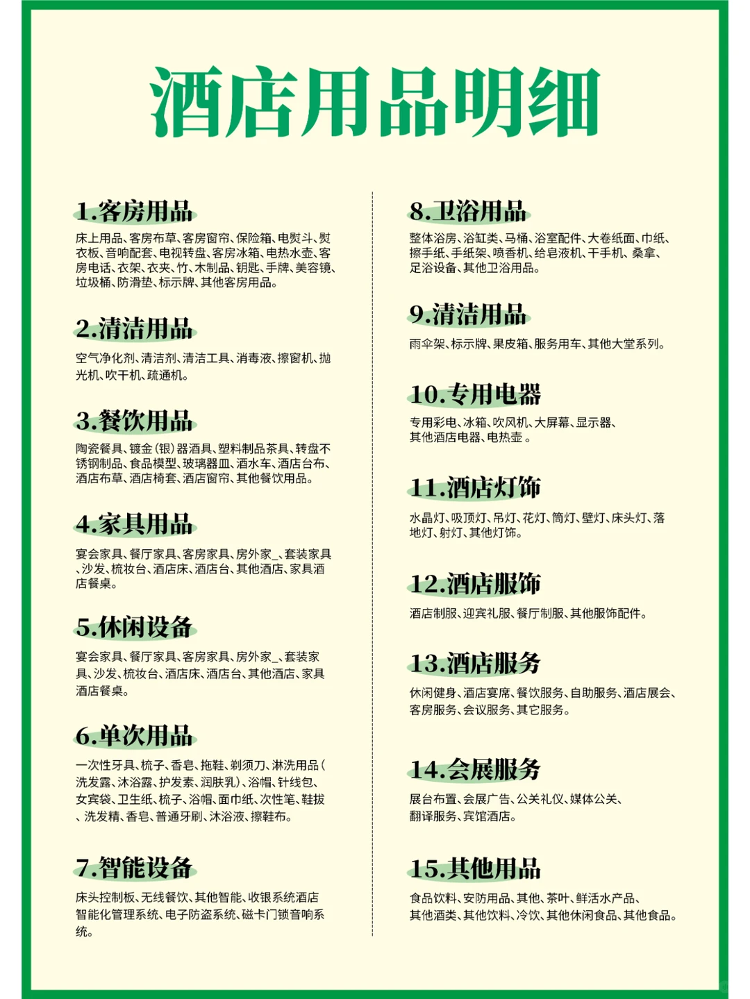 酒店用品区域种类清单