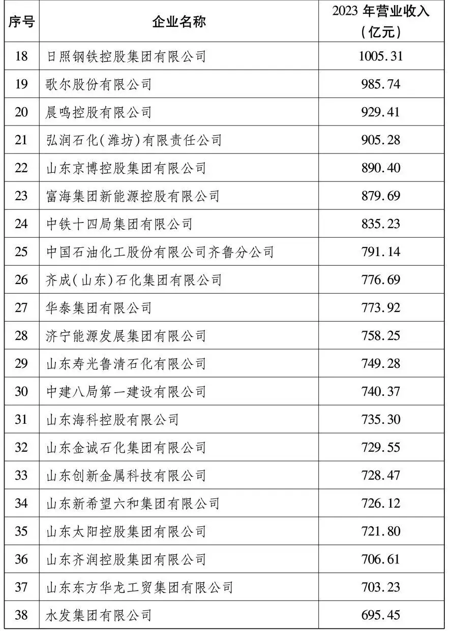 2024山东省百强企业名单