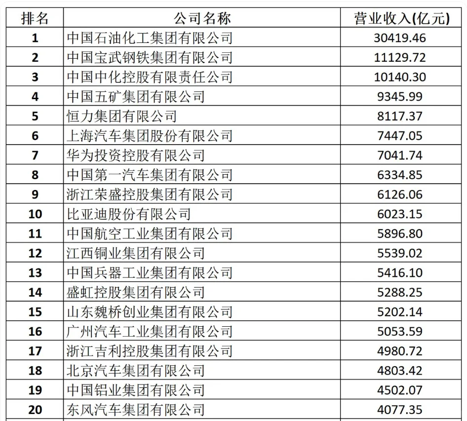 2024年中国制造业20强