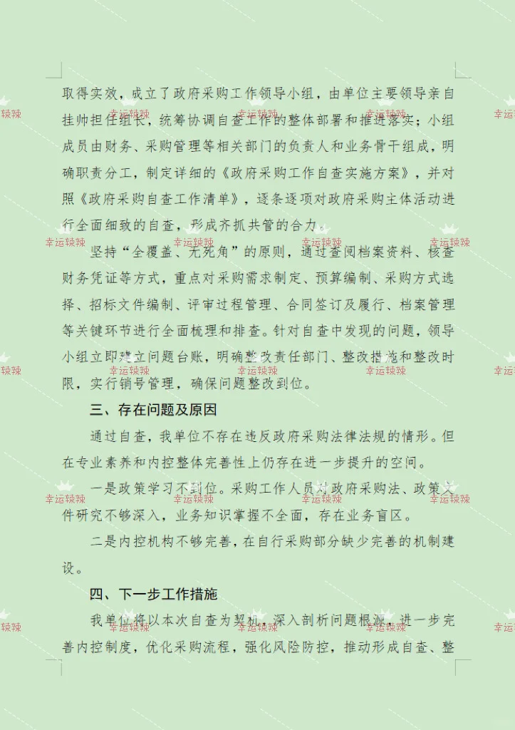 体制内行政事业单位政府采购自查报告这样写