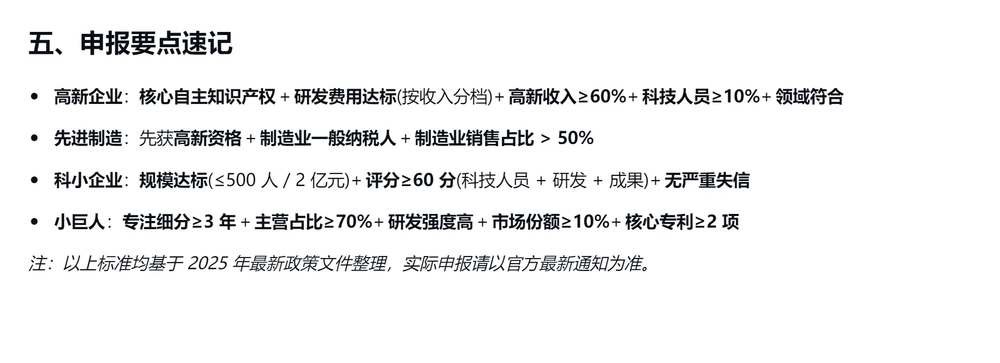 高新技术企业等企业认定标准对比