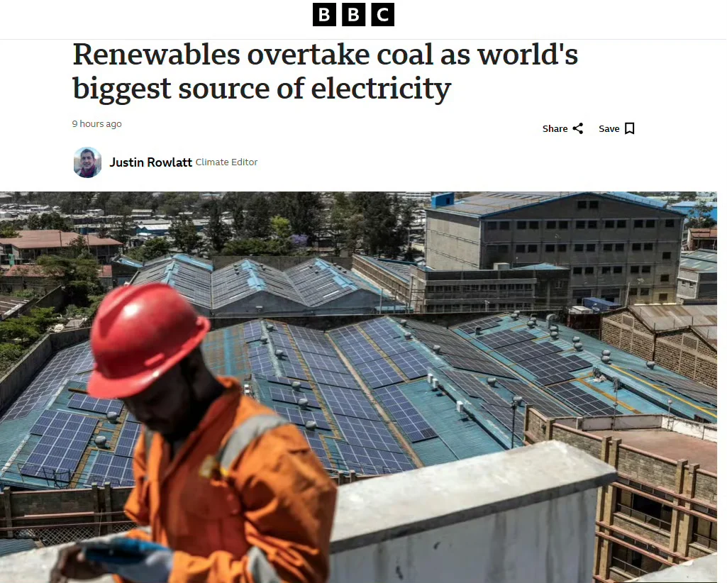 可再生能源超过煤炭成为全球最大电力来源