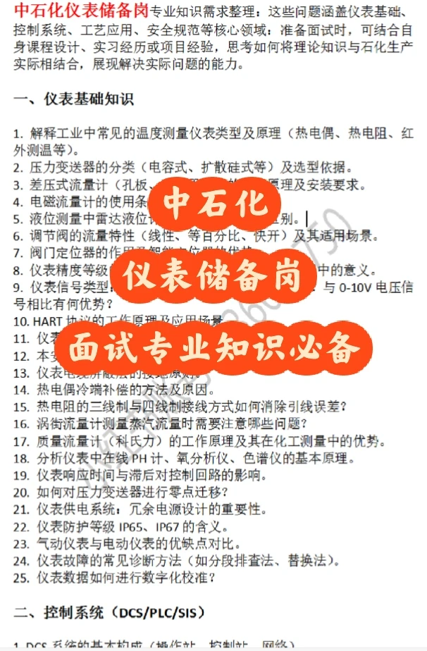中石化仪表储备岗面试专业知识必备