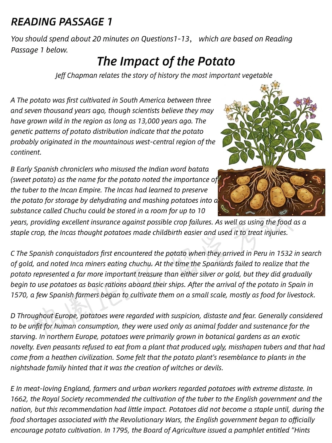 25.12.1雅思机考阅读P1:土豆对欧洲的影响?