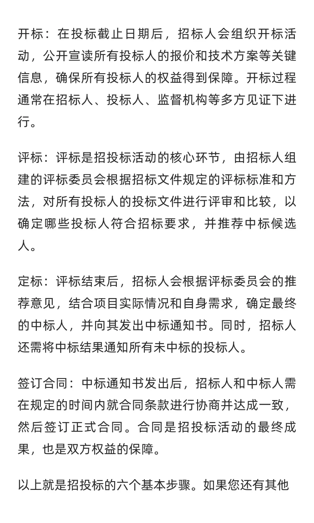 招投标的基本步骤确实包含六个关键环节