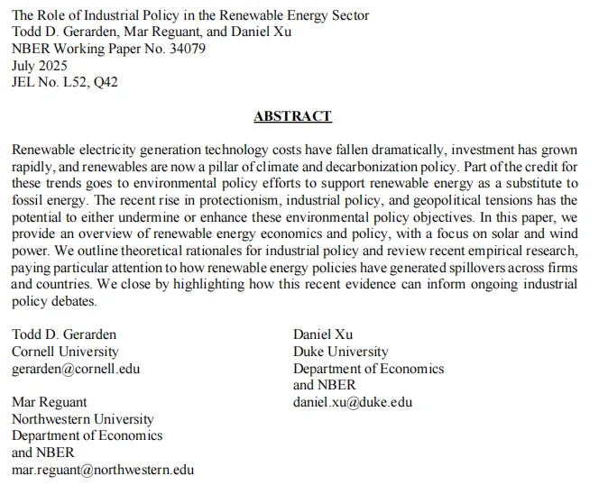 NBER：可再生能源产业政策