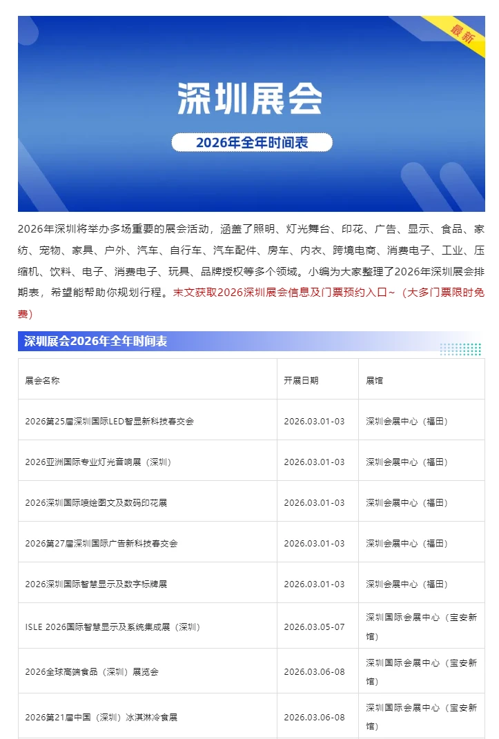 深圳展会2026年（全年）时间表，抢先看！