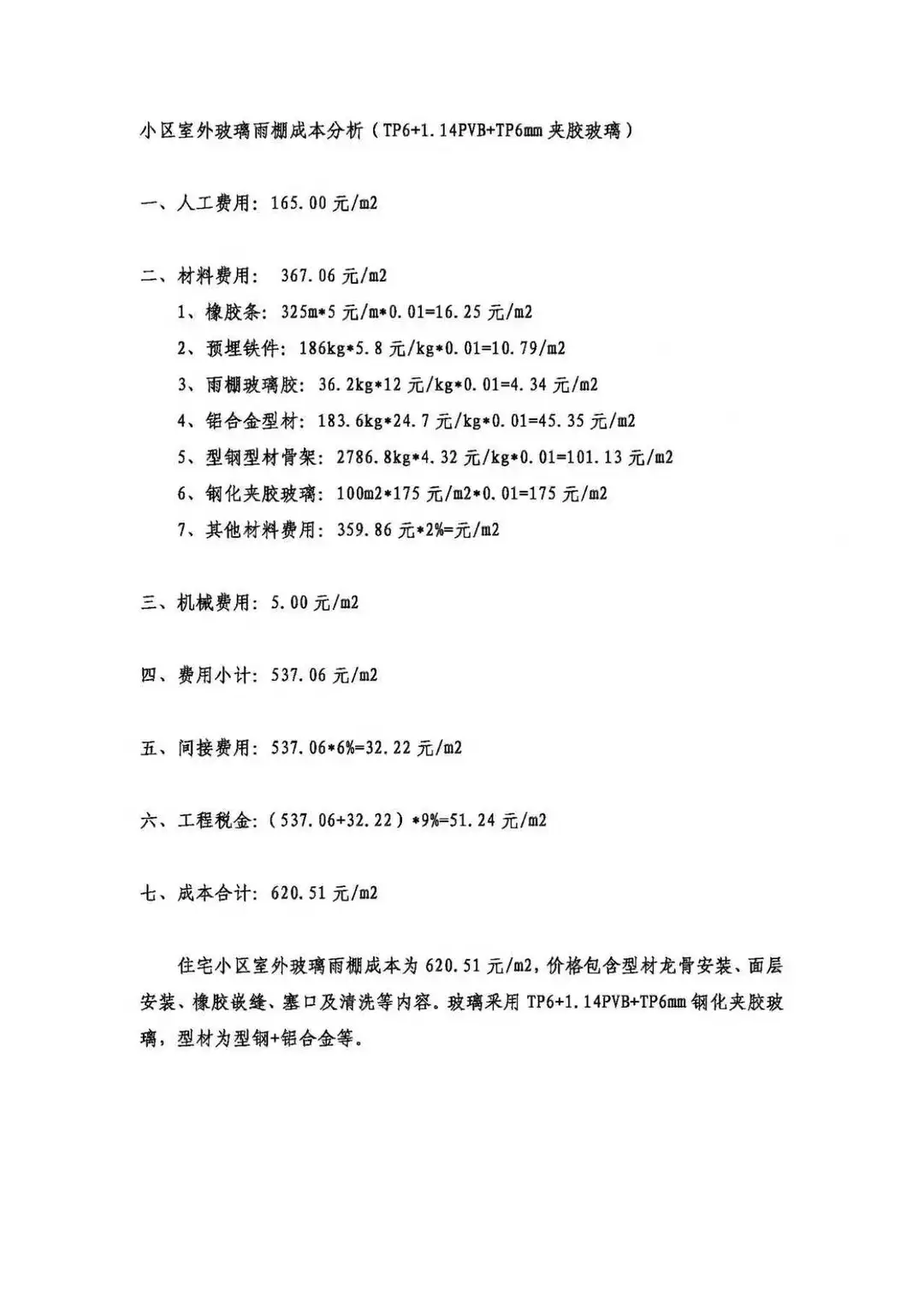 小区室外玻璃雨棚成本分析