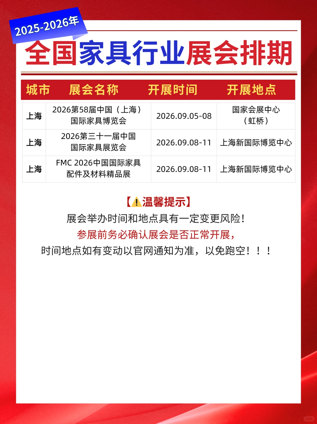 2025-26年全国家具行业展会排版表出炉！！