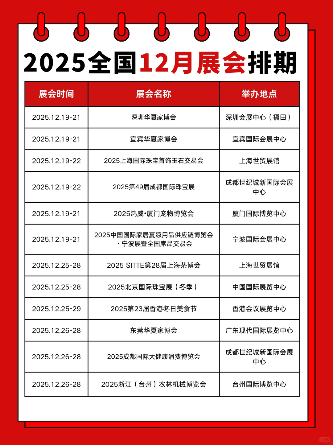 全国展会12月展会时间表+地址+门票预约