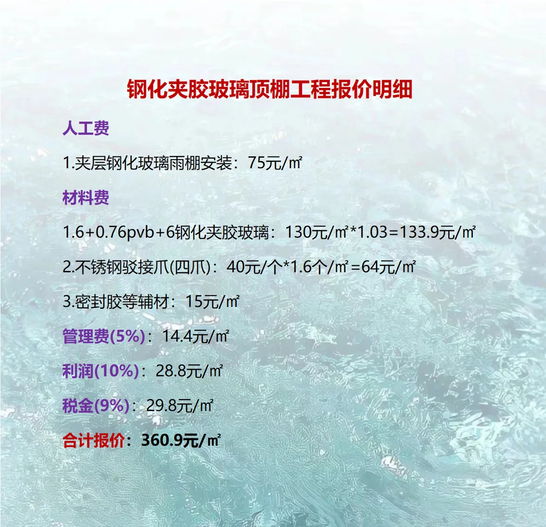 钢化夹胶玻璃顶棚工程报价明细