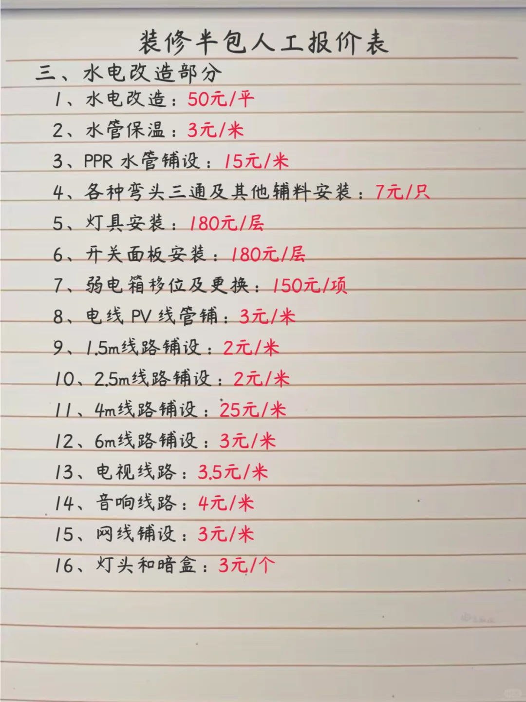 超级详细半包人工价格清单?