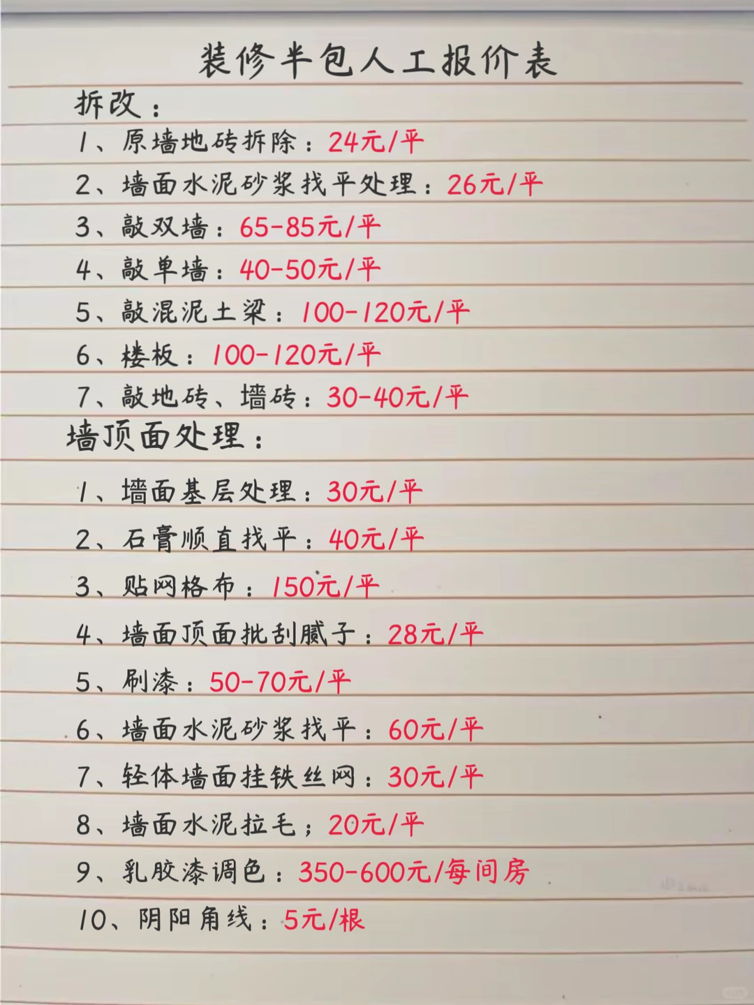 超级详细半包人工价格清单?