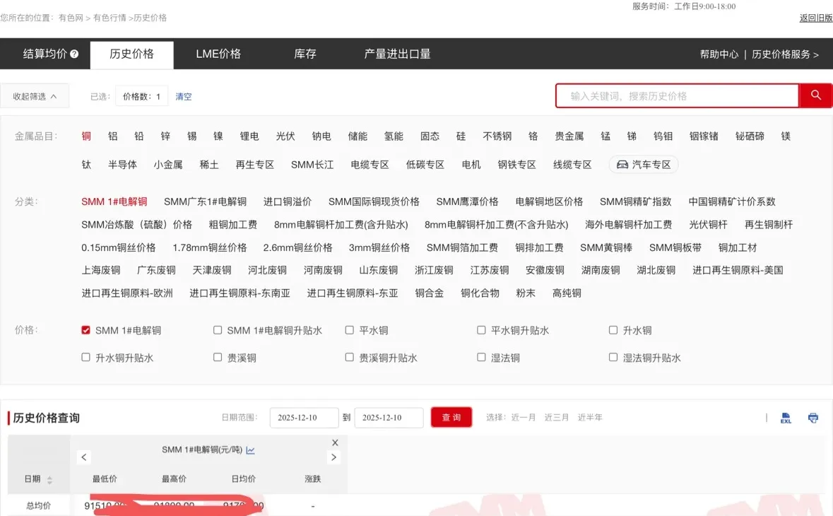 上海有色金属网代查各种金属历史价格