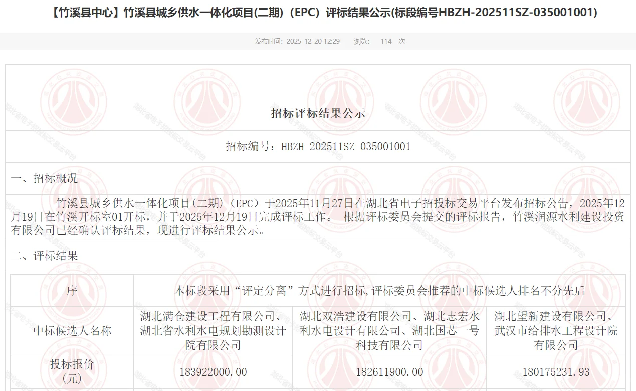 竹溪县城乡供水项目(二期)（EPC）结果公示