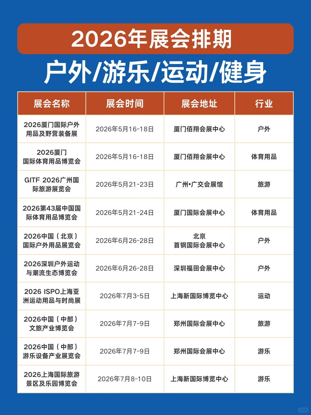 2026展会排期|户外/运动/健身/游乐展一览表