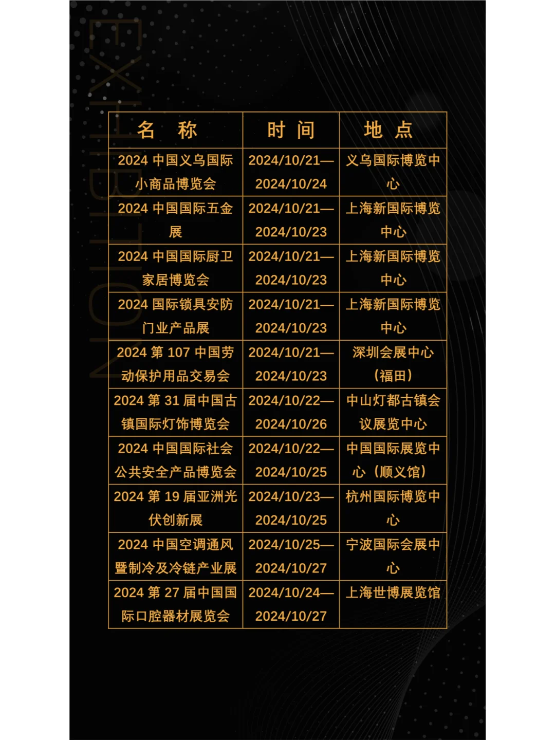 2024年10月全国展会展期大全