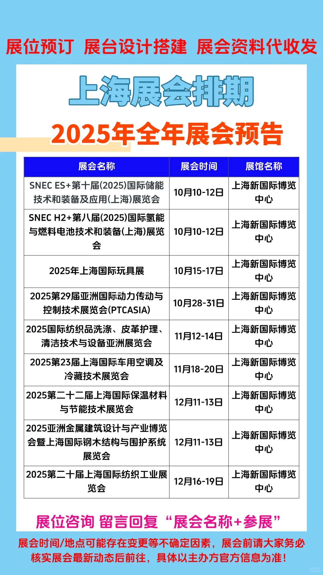 2025年上海展会排期上海新国际博览中心展会