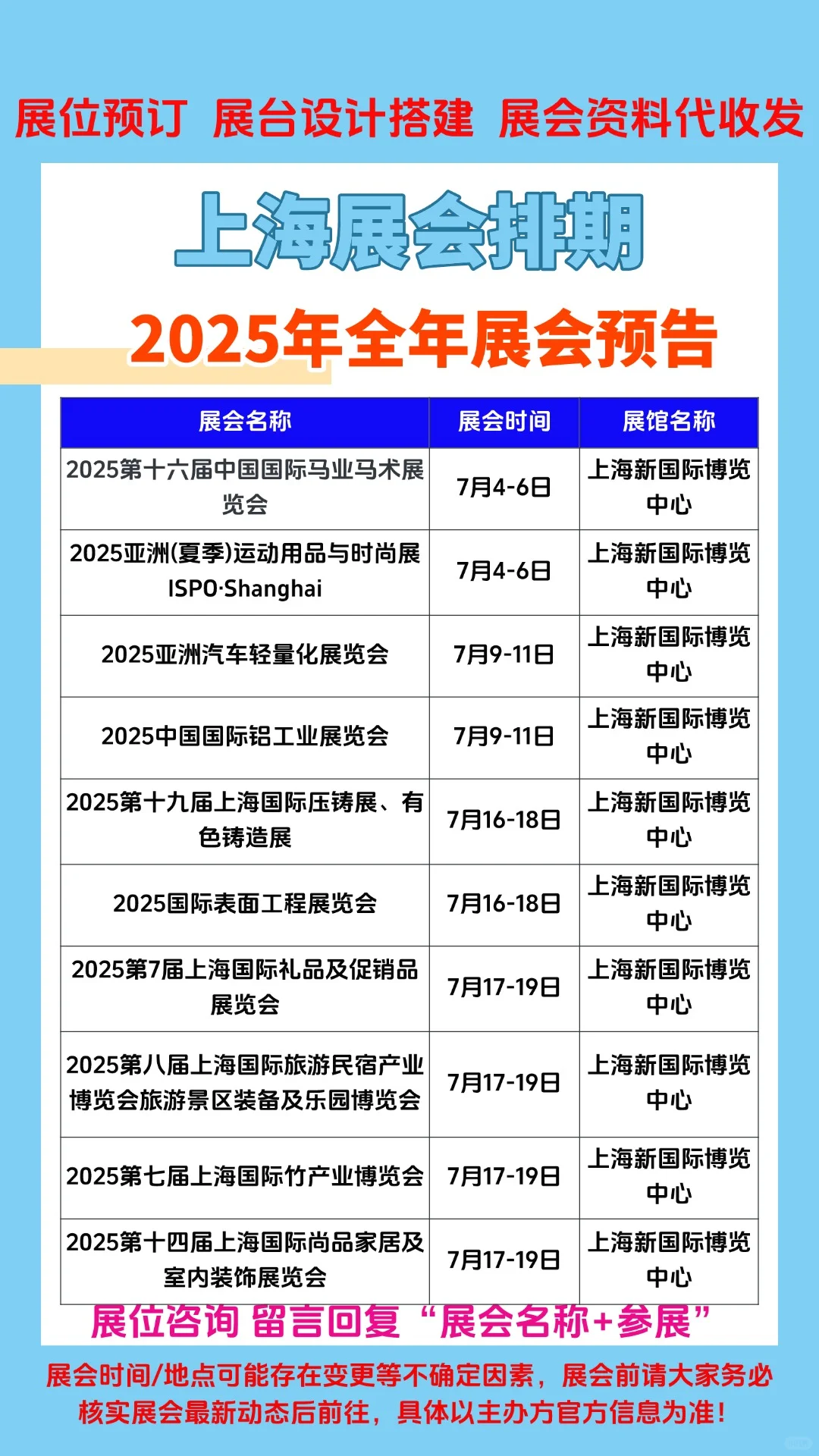 2025年上海展会排期上海新国际博览中心展会