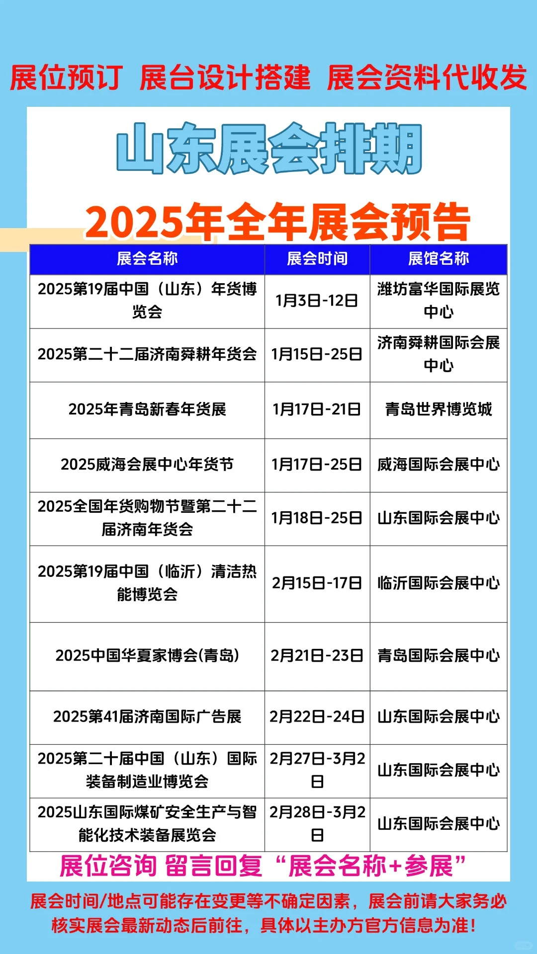 2025年山东1-12月份展会排期参展时间一览表