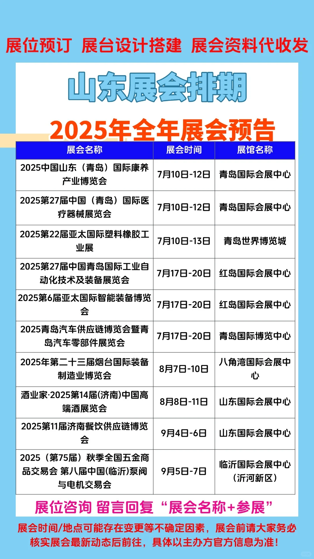 2025年山东1-12月份展会排期参展时间一览表