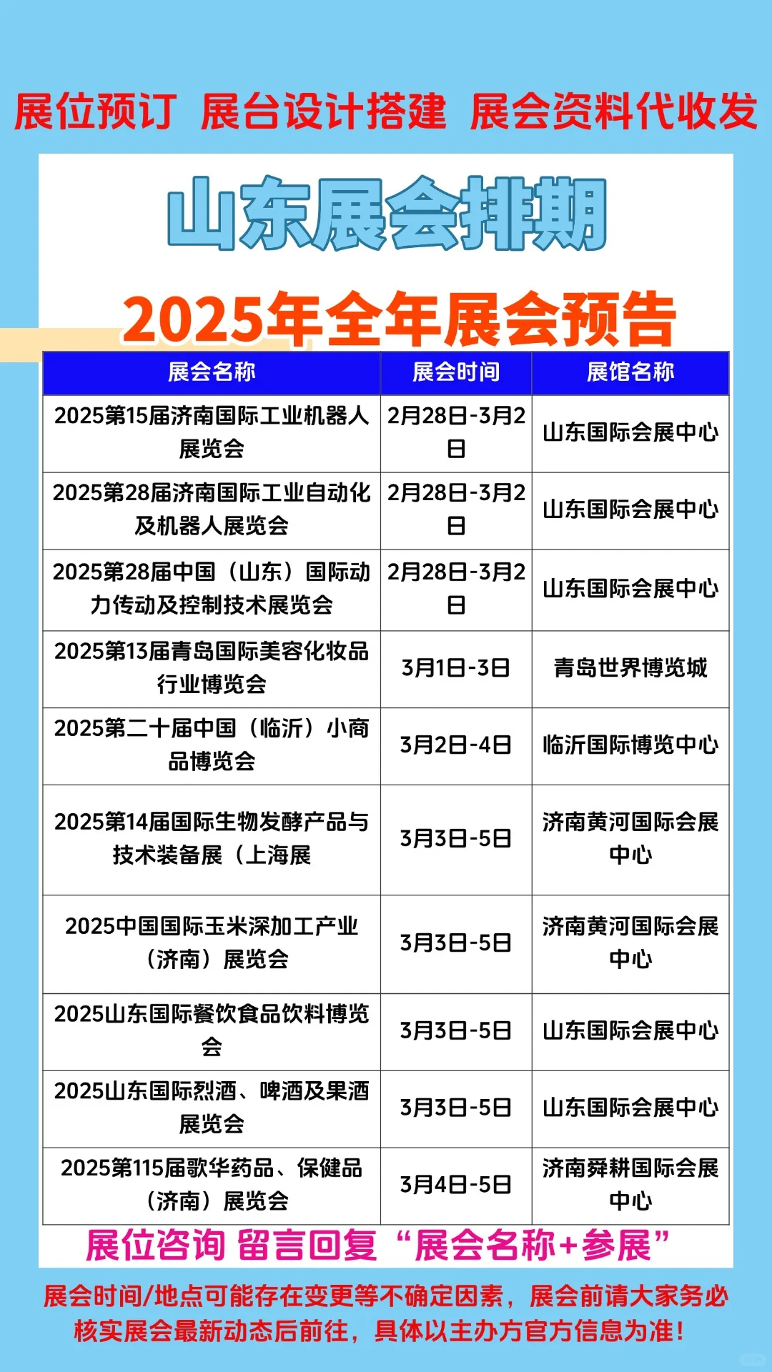 2025年山东1-12月份展会排期参展时间一览表