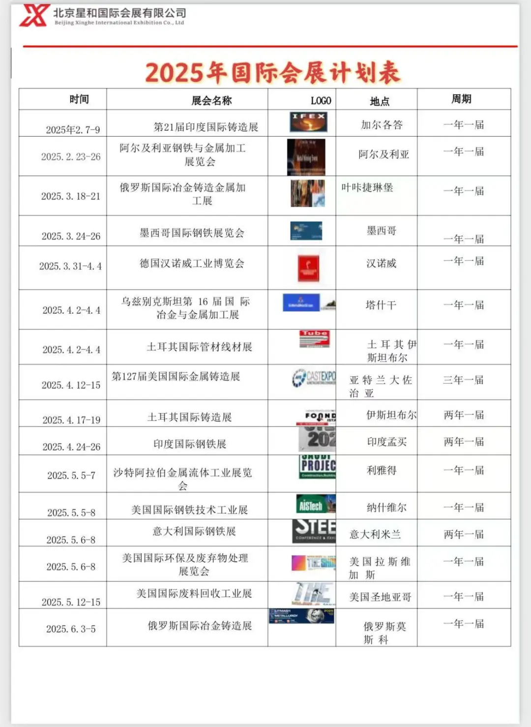 2025年国际会展计划表