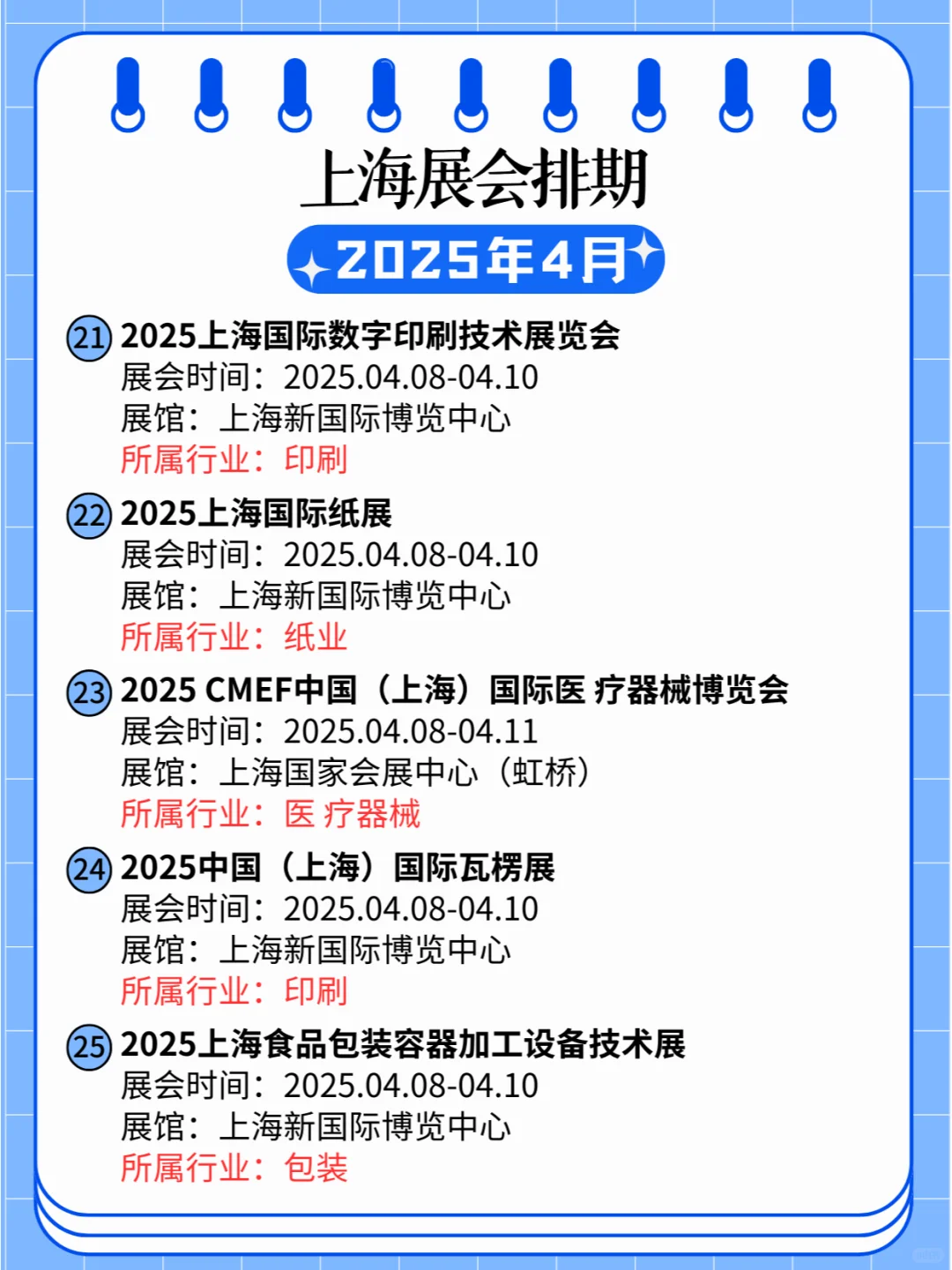 2025年4月份上海各个行业展会排期日程