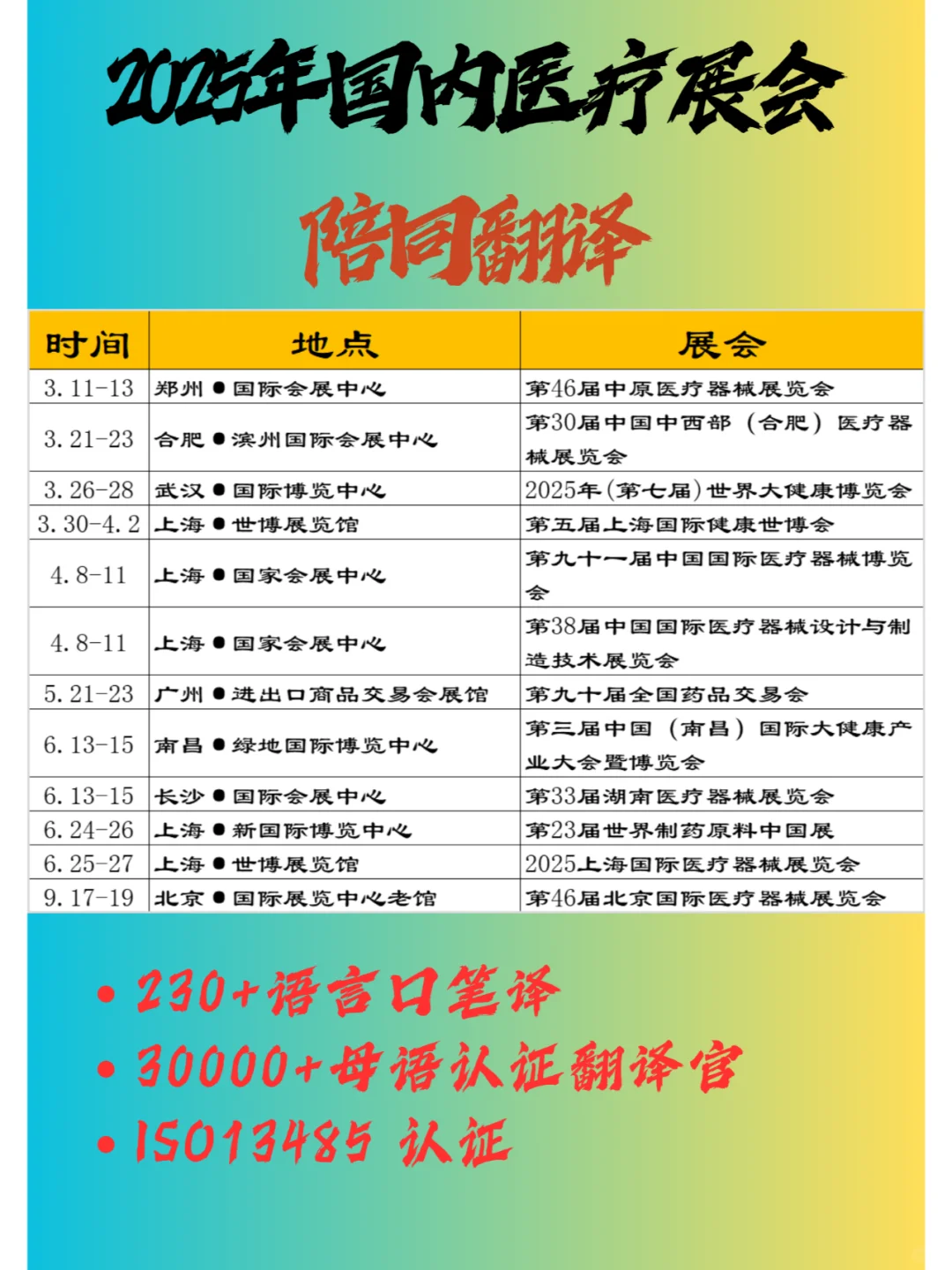 滴！全国医疗展会翻译，可预约啦~