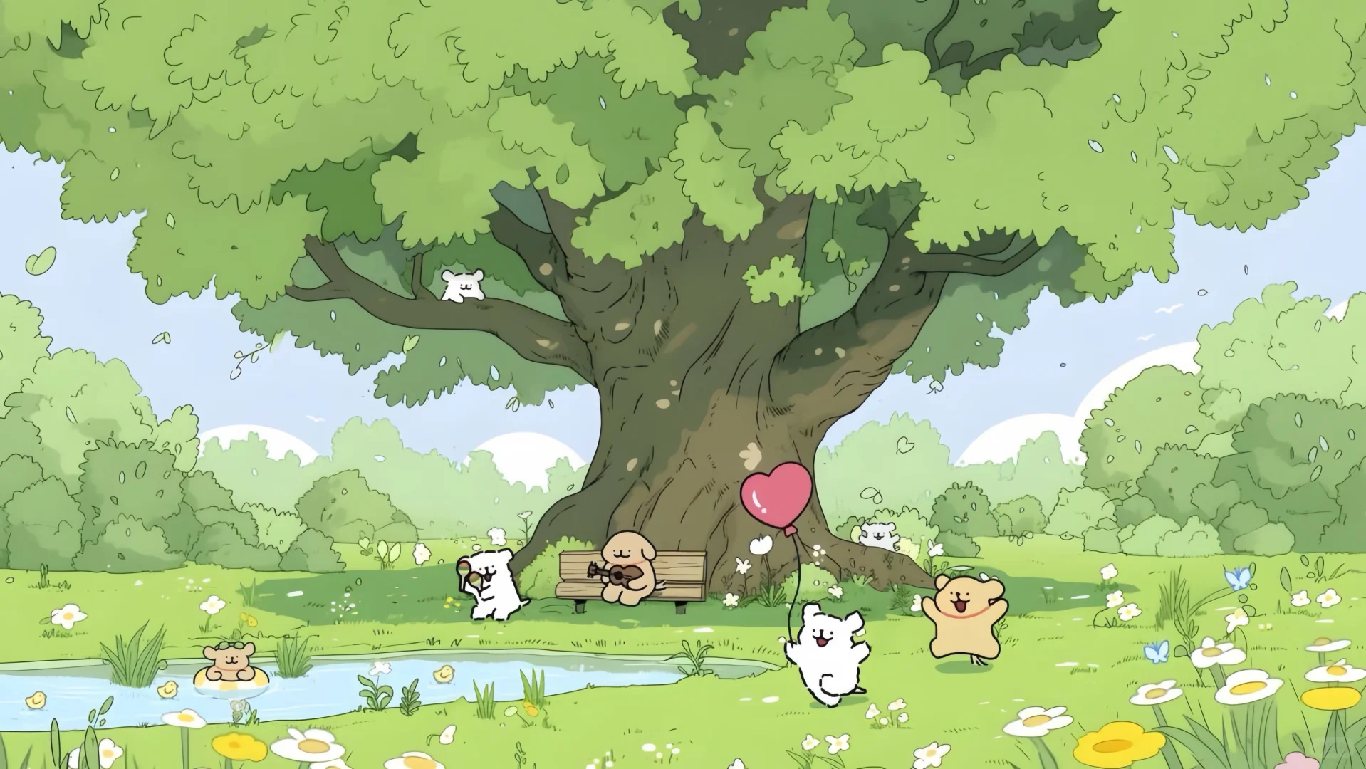 ⚡️电脑壁纸｜线条小狗树下玩气球分区壁纸